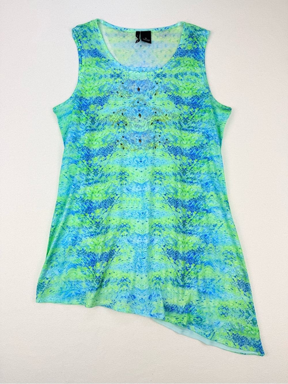 New Directions Blue Green Abstract Tunic Top Sleeveless Mesh Back Stretch Casual